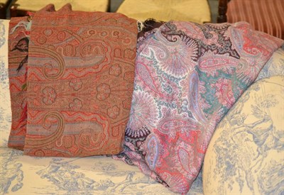 Lot 407 - Large paisley printed cloth with aubergine coloured border, 168cm by 320cm; red ground woven...