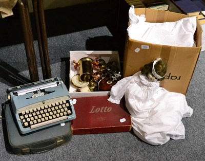 Lot 1022 - Three boxes of miscellaneous including copper jelly mould, warming pan, typewriter, game,...