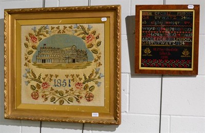 Lot 1023 - Woolwork souvenir picture of Crystal Palace within a floral garland, dated 1851, in gilt frame,...