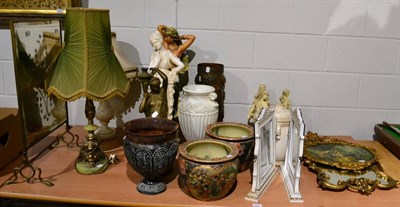 Lot 1025 - Quantity of assorted table lamps, shades, mirrors, figures, planters etc