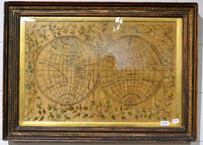 Lot 1026 - Late 18th century silk embroidered Map of the World, showing the Western and Eastern...