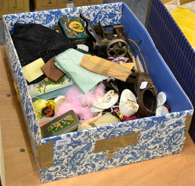 Lot 1042 - Assorted collectable items including children's leather shoes, baby bootees, unframed samplers...