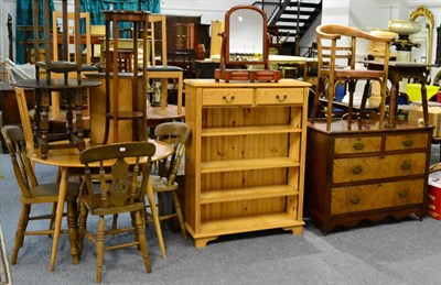 Lot 1057 - A collection of assorted modern furniture including assorted kitchen chairs, pine bookcase,...