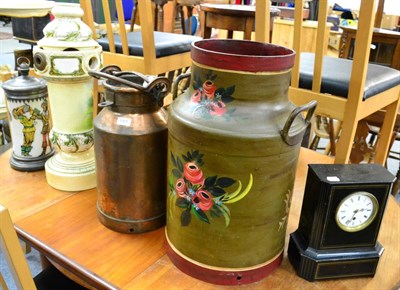 Lot 1061 - A late 19th century German Goldenberg cast iron counter coffee grinder, a copper-coated milk churn