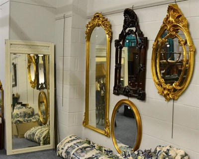 Lot 1062 - Modern gilt framed wall mirror, cream painted mirror, a wood effect mirror and two others