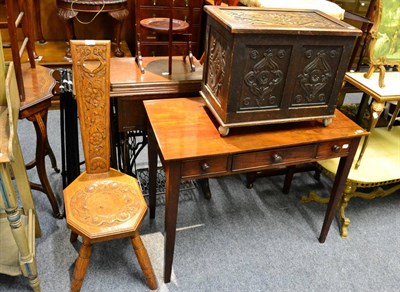 Lot 1064 - A mahogany single drawer side table with two false drawers, an oak spinning chair and an oak box