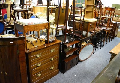 Lot 1069 - A group of furniture including a George III mahogany bow fronted hanging corner cupboard, an...