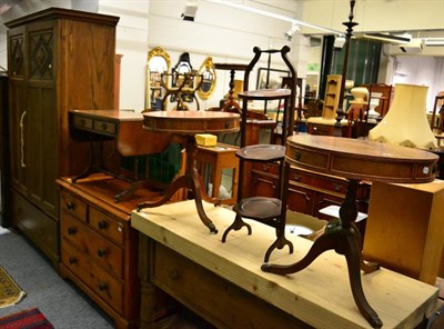 Lot 1085 - Two drum tables, cake stand, coffee table, pine chest of drawers and an oak bureau