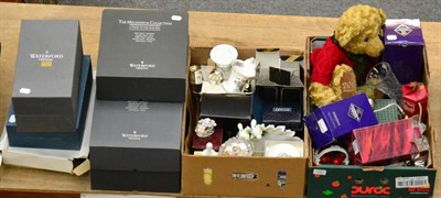 Lot 1097 - Assorted china and crystal (much in original boxes), a Harrods bear, plated wares and a Chinese...