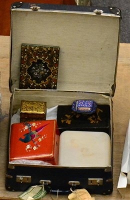 Lot 1098 - A papier mache and mother-of-pearl inlaid blotter, a Japanese lacquered box, a gilded card box,...