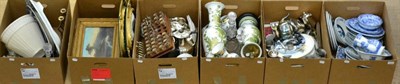 Lot 1102 - Six boxes of assorted decorative and household ceramics, glass, silver plate etc including...