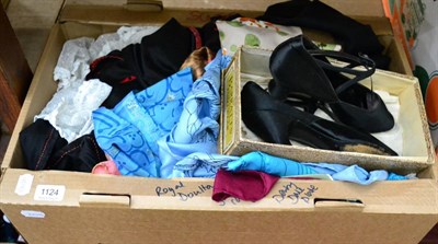 Lot 1124 - Assorted costume accessories, including a pair of black satin heeled evening shoes; various...