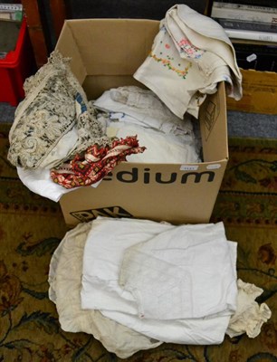 Lot 1131 - Assorted white and embroidered table linen, cotton baby dresses, silk dress etc (one box)