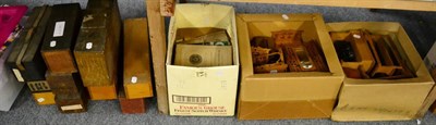 Lot 1134 - Assorted items of dolls furniture, thirteen magic lantern slide boxes, oak filing cabinet and...