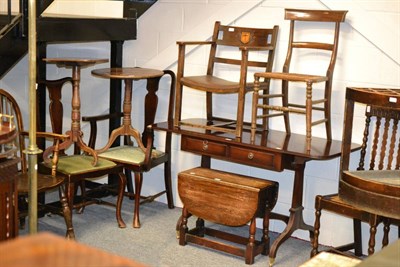 Lot 1163 - A reproduction sofa table, eight various chairs, oak corner umbrella stand, two tripod tables, etc