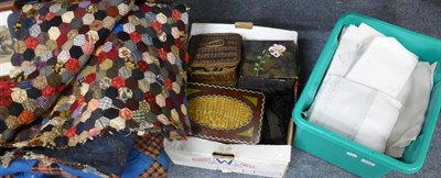 Lot 1166 - A large quantity of assorted textiles, white linen, quilt, etc (three boxes)