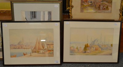 Lot 1169 - Serif Renkgorur (1887-1947) Turkish, A view of Constantinople skyline from the Bosphorus; A view of