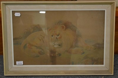 Lot 1171 - William Huggins (1820-1884) study of a recumbent lion, signed with the artist's initials, inscribed