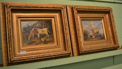 Lot 1184 - Two oils on board, 'Calves in a Farmyard' and 'Ewe and Lamb', in gilt frames