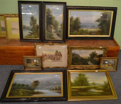 Lot 1185 - A group of oils and watercolours including, Alfred Elsworth, Bridge Scene, watercolour, signed...