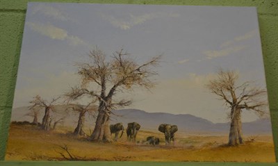 Lot 1196 - Peter M. Drewett (Contemporary) ";Dusty Elephants and Baobabs"; After David Shepherd, signed,...