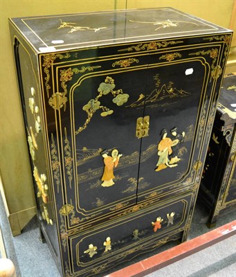 Lot 1240 - Chinoiserie lacquered cabinet applied with hardstones