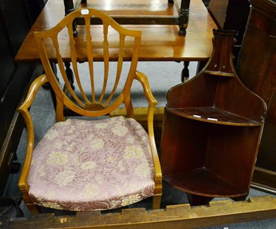 Lot 1244 - A satinwood carver chair and an inlaid Edwardian hanging corner shelf