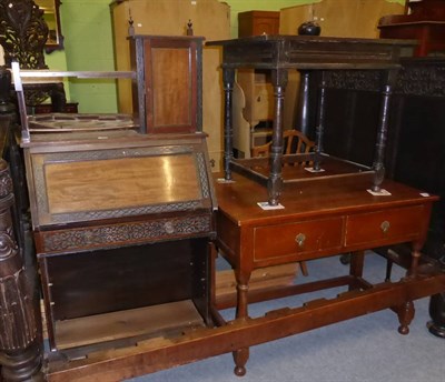 Lot 1254 - Group of furniture comprising an oak desk, carved mahogany hall bureau and an 18th century...