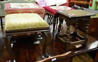 Lot 1298 - A box stool, piano stool, oak stool and another with a needlework drop in seat