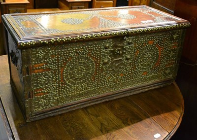 Lot 1318 - Antique brass studded and overlaid hardwood Zanzibar type chest