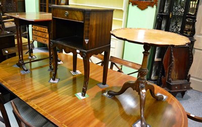 Lot 1325 - George III oak tripod table with dishes pie crust top, Sutherland table and a mahogany bedside...