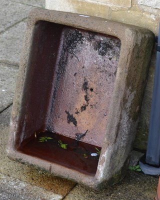 Lot 1368 - A salt glazed trough together with a composition water feature, stone mushroom cap and a...