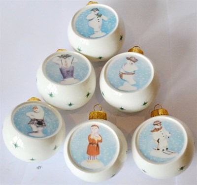 Lot 104 - Royal Doulton Snowman Christmas tree baubles, rare set, with colour image on the front and...