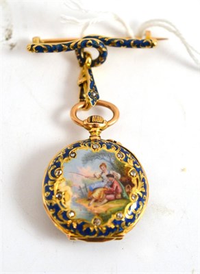 Lot 116 - A lady's enamel fob watch, case stamped '18k', with attached enamel brooch