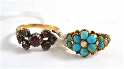 Lot 125 - A turquoise and pearl cluster ring and a foil backed stone ring (2)