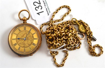 Lot 132 - Pocket watch stamped '14K' and 9ct gold link chain