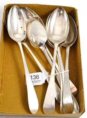 Lot 136 - Three H Bateman bright cut tablespoons, four Irish Georgian silver tablespoons and one other (8)