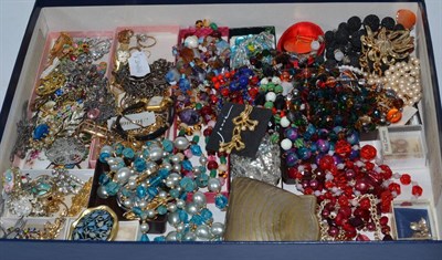 Lot 142 - Assorted costume jewellery, silver Albert chain, bracelet, brooches, watches, plated hinged...