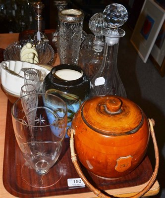 Lot 150 - Treen biscuit barrel and cover dated 1947, two cut glass oval bowls, two pottery moulds, Lurpak...