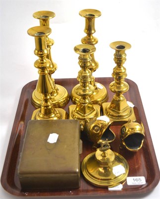 Lot 165 - Two pairs of brass candlesticks, another single example, other brass and souvenir spoons