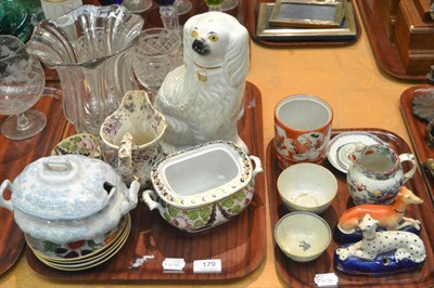 Lot 179 - Staffordshire pottery dog, tobacco leaf pattern cups sugar bowl and saucers, blue and white tea...