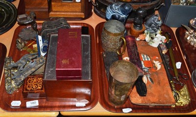 Lot 180 - Assorted collectable items including 'Historical Loto', opera glasses, gilt metal tokens, Inuit...
