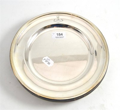 Lot 184 - Six silver plated plates, bearing a crest and inscribed to the reverse 'Port Leith'