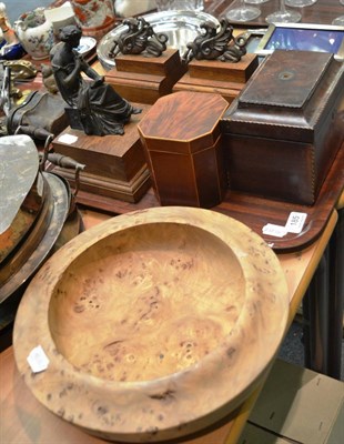 Lot 185 - Two Georgian mahogany tea caddies, a pair of oak book ends, a spelter figure mounted on an oak base