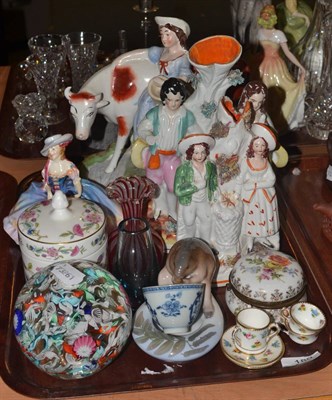 Lot 189 - Staffordshire spill vases, Staffordshire milkmaid and cow group, Royal Copenhagen nut dish,...