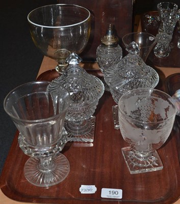 Lot 190 - A pair of cut glass confitures and covers, three large glass rummers etc