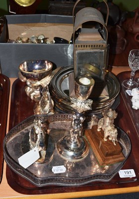 Lot 191 - Assorted plated wares including a gallery tray, modern candlesticks, a quantity of cruet mounts and