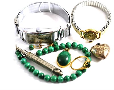 Lot 235 - A 9ct gold malachite mounted pendant, a ring, pair of earrings and bracelet, propelling pencil...