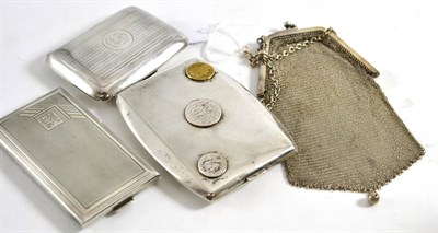 Lot 246 - Three silver cigarette cases (including two Polish examples) and a small silver mesh purse (4)