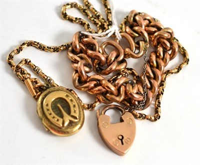 Lot 263 - A 9ct gold bracelet and locket and chain embossed with a horses hoof (2)